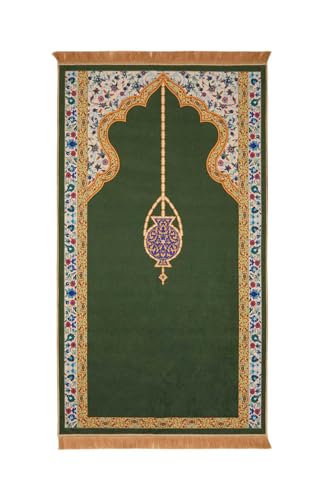 SODEF Khaki Velvet Prayer Rug 65x115cm Polyester Turkish Motif Non-Slip Base - Multicolor