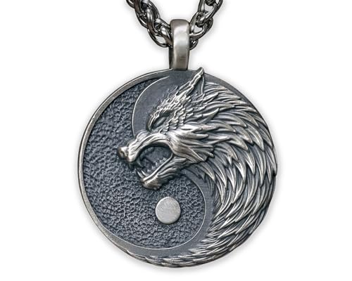 Baldur Jewelry Viking Wolf Yin Yang Necklace, Brass Norse Pendant - color: Silver Wolf Yin Yang
