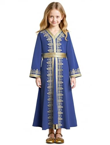 OBEEII Girls Muslim Ramadan Abaya Kids Long Sleeve V Neck Lace Prayer Dress Middle East Arabic Kaftan Dress with Belt - color: Royal Blue, size: 9-10 Years