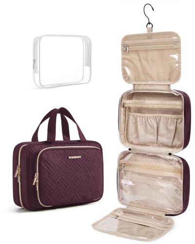 BAGSMART Toiletry Bag Hanging Travel Makeup Organizer with TSA Approved Transparent Cosmetic Bag Makeup Bag for Full Sized Toiletries（Cherry Red - color: Cherry Red, size: Large