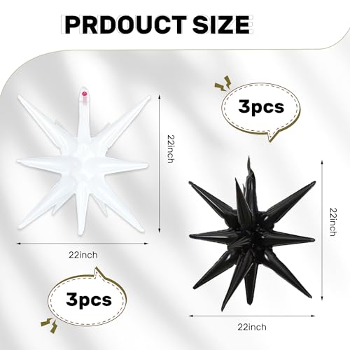 6 Pcs White Black Star Foil Balloons One-Piece 14-Pointed Star Balloon 4D Starburst Cone Mylar Balloon 22inch Christmas Birthday Wedding Wedding Anniversary Party Supplies (White + Black) - color: 22 Inches White + Black