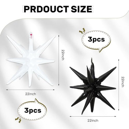 6 Pcs White Black Star Foil Balloons One-Piece 14-Pointed Star Balloon 4D Starburst Cone Mylar Balloon 22inch Christmas Birthday Wedding Wedding Anniversary Party Supplies (White + Black) - color: 22 Inches White + Black