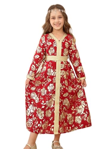 Girls Muslim Abaya Ramadan Prayer Dress V Neck Floral Middle East Arabic Kaftan - size: 10