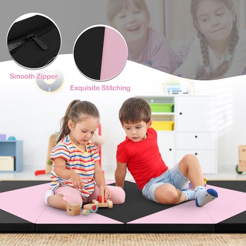 Giantex 4'x8' Gymnastics Mat, 2" Thick Folding Tumbling Mat with Carrying Handles, Foldable Gym Mat with Hook and Loop Fastener, Cheer Mats for Kids Adults Home Exercise Aerobics Fitness - color: Light Pink/Black