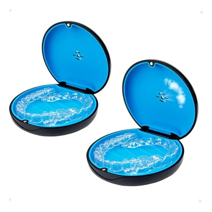 2 Pack Retainer Case with Vent Hole, Compatible with Invisalign | Portable Slim Travel Aligner Case,Secure Magnetic Closure-Food Grade Silicone Pad(Black Blue) - color: Black Blue