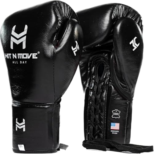 HIT N MOVE All Day Pro Balance Sparring and Bag Boxing Gloves LACE UP, Boxing Gloves Men & Women, Boxing Equipment, Sparring & Bag Gloves for Boxing, Kickboxing, Muay Thai, MMA - color: Black, size: 16 OZ