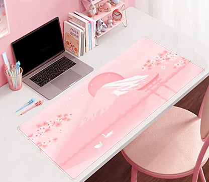 Cherry Blossom Mouse Pad Kawaii Pink Floral Desk Mat, Japanese Pastel Sakura Large Anime Gaming Mousepad XXL, Cute Aesthetic Mount Fuji Japan Keyboard Mats for Women Office Desk Pads 31.5"x15.75" - color: Pink Cherry Blossom