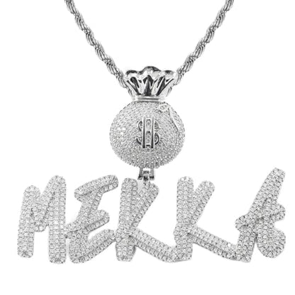 Lulu Mel Iced Out Personalized Cursive Name Necklace For Trendy Women, Custom Handmade Nameplate Pendant With Cuban Link Chain, White Gold Plated Hip Hop CZ Diamond Jewelry Gifts - color: Silver/Money Bag Bail