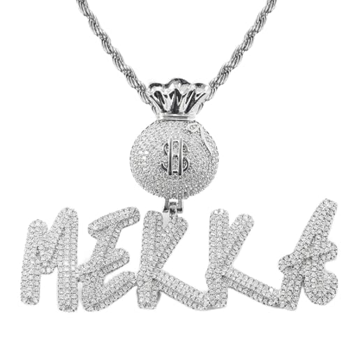 Lulu Mel Iced Out Personalized Cursive Name Necklace For Trendy Women, Custom Handmade Nameplate Pendant With Cuban Link Chain, White Gold Plated Hip Hop CZ Diamond Jewelry Gifts - color: Silver/Money Bag Bail