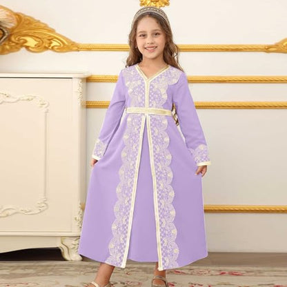 Kids Girls Ramadan Muslim Lace Trim Maxi Dress with Belt Prayer Arabic Kaftan Dubai Islamic Eid Dresses - color: Purple, size: 10-11 Years
