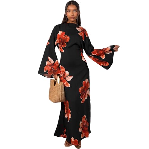 FYMNSI Womens Muslim Dresses Bell Sleeve Floral Butterfly Abaya Modest Dubai Kaftan Islamic Dress Eid Ramadan Prayer Clothes - color: Black, size: X-Large