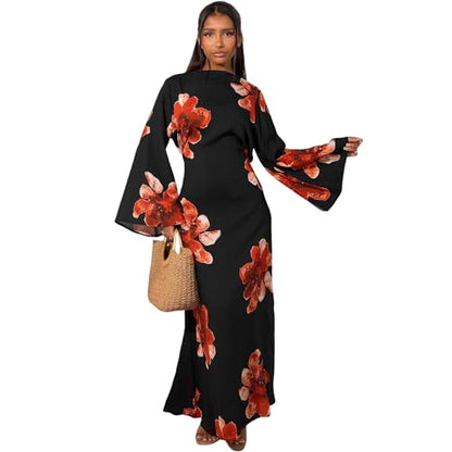 FYMNSI Womens Muslim Dresses Bell Sleeve Floral Butterfly Abaya Modest Dubai Kaftan Islamic Dress Eid Ramadan Prayer Clothes - color: Black, size: Medium