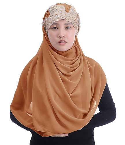 Lina & Lily Premium Chiffon Hijab Head Scarf Wrap with Gold Sequins Glitters Beads for Muslim Women - color: Copper