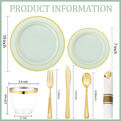 WDF Partyware 175PCS Sage Green Plastic Plates - Heavy Duty Green Plates Disposable - 25Guests Plastic Dinnerware with Rolled Napkins for Spring/Birthday/Baby Shower - color: Sage Green, size: 175PCS
