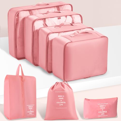 Packing Cubes 7 Set Travel Essentials for Carry on Luggage Organizers Bag Packing Cubes for Suitcases Travel Accessories() - color: Pink