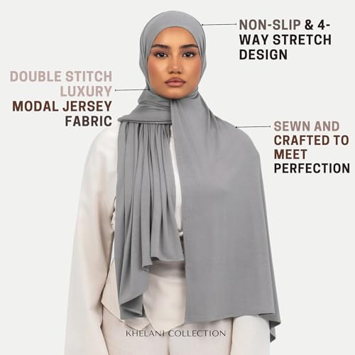KHELANI Premium Modal Jersey Hijab, Luxury Lightweight Non Slip Stretchy Jersey Head Scarf for Muslim Women, Soft Shawls Wrap - color: Grey Mist