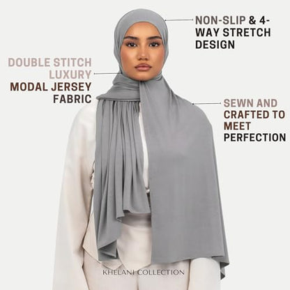 KHELANI Premium Modal Jersey Hijab, Luxury Lightweight Non Slip Stretchy Jersey Head Scarf for Muslim Women, Soft Shawls Wrap - color: Grey Mist