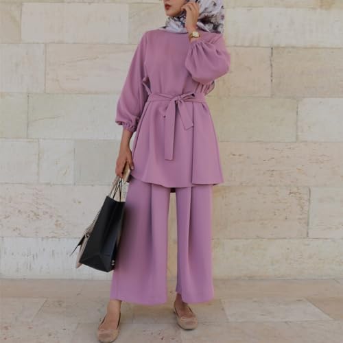 IWEMEK Abayas for Women Muslim Long Sleeve Loose Top Pants 2 Pcs Eid Ramadan Outfits Casual Islamic Muslim Clothes with Belt - color: Fuchsia, size: Small