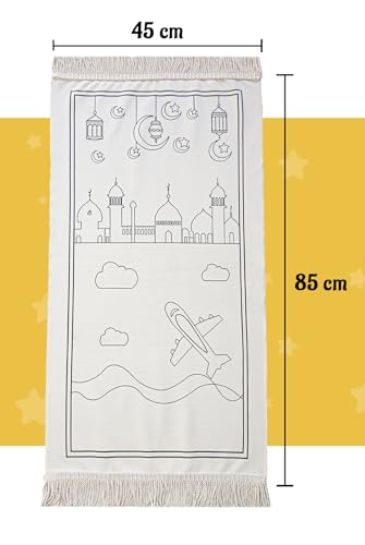 Ihvan Online Kids Prayer Mat, Washable Painted Prayer Rug, Colourful Marker, Muslim Prayer Mala Beads, Soft Salah Travel Mat Carpet, Perfect Islamic Gift, Red - color: Red