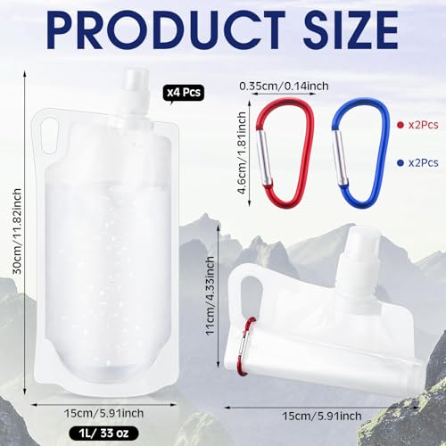 Maxdot 4 Pack 1L Collapsible Travel Water Bottles with Clip 33 oz Clear Foldable Water Pouch Container Bag for Hiking Backpacking Camping Travel Emergency