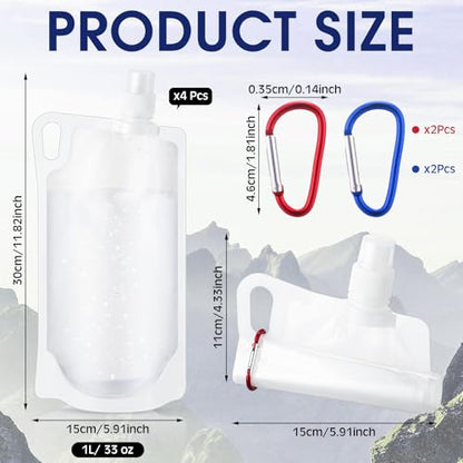 Maxdot 4 Pack 1L Collapsible Travel Water Bottles with Clip 33 oz Clear Foldable Water Pouch Container Bag for Hiking Backpacking Camping Travel Emergency