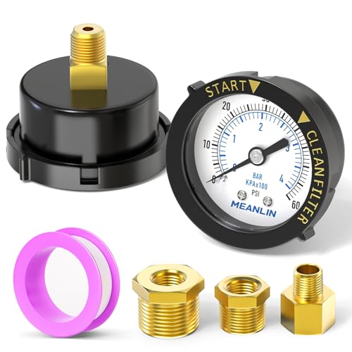 MEANLIN MEASURE 0~60Psi Plastic Frame 1/4" NPT Start and Clean Filter Pressure Gauge, Suitable for Swimming Pool, Spa, Aquarium (0-60Psi/0-4BAR/KIT, Center Back Mount) - size: Back Mount / With adapter
