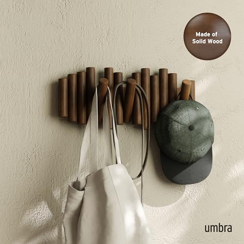 Umbra Picket Coat Rack, Wall Mount 5 Flip-Down Coat Hooks, Walnut | Beveled pine wood dowels, supports up to 5 lbs, mounting hardware included, space saving - color: Walnut, size: 5-Hook