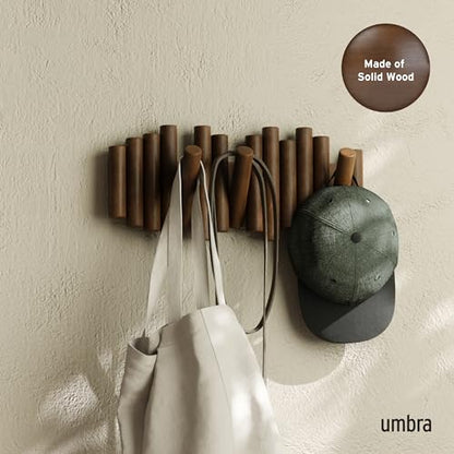 Umbra Picket Coat Rack, Wall Mount 5 Flip-Down Coat Hooks, Walnut | Beveled pine wood dowels, supports up to 5 lbs, mounting hardware included, space saving - color: Walnut, size: 5-Hook