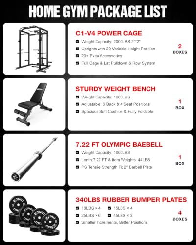 C1-V4 Power Cage, 2000LBS Squat Rack with LAT Pulldown, Multi-Function Weight Cage Strength Training Machine, Workout Cage with More Attachments for Home Gym Garage - style: 340Lbs Home Gym Package Black
