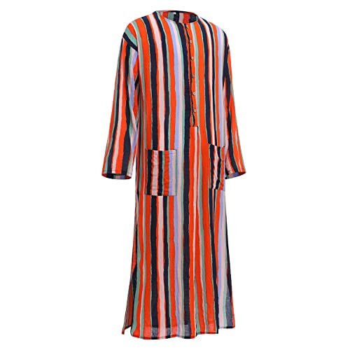 IDOPIP Men's Muslim Thobe Long Sleeve Striped Robe Gown Arab Islamic Kaftan Abayas Dress Middle East Dubai Ramadan Clothing - color: Orange, size: 3X-Large