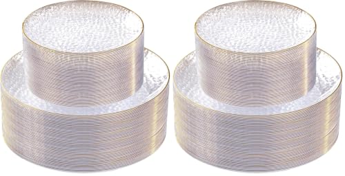 SUT 100Pcs Clear Plastic Plates, Hammered Plates Disposable Heavy Duty, Clear Disposable Plates With Gold Rim, Fancy Plastic plates Include 50 Dinner plate and 50 Dessert plate for Wedding (Pack of 2) - color: Clear, size: 100PCS (Pack of 2)