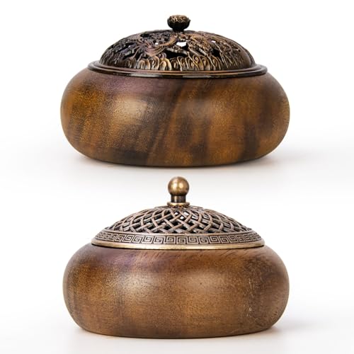 2 Pack Incense Cone Holder, Wooden Incense Burner with Brass Cover, Bakhoor Burners for Sticks Coil, Frankincense Room Home Decor Yoga Spa Meditation (R) - color: R