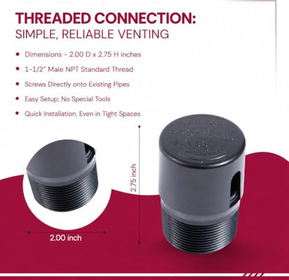 The 1-1/2" Male Threaded ProVent Venting Solution Air Admittance Valve AAV, RV's and Housing Applications Odor Prevention Valve for Plumbing and Drainage Systems (Black) - color: Pack of 1 - Residential Housing