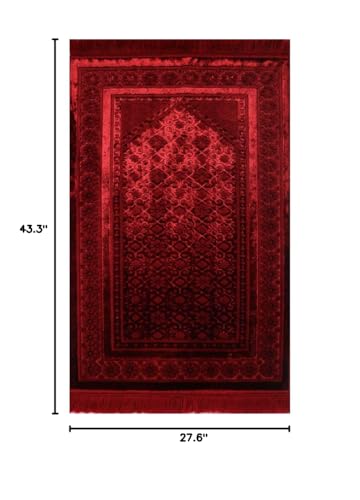 Modefa Velvet Prayer Rug - Soft Plush Turkish Janamaz Sajada Carpet for Men and Women - Plain Solid Prayer Mat Ramadan Eid Gift - with Prayer Beads - Luxury Floral Stamp (Red) - color: Red