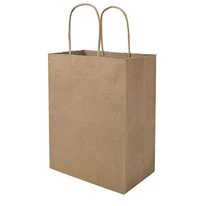bagmad 100 Pack 8x4.75x10 Inch Plain Medium Paper Bags with Handles Bulk, Brown Kraft Craft Gift Bags, Grocery Shopping Retail Birthday Party Favors Wedding Sacks (Natural Brown, 100pcs) - color: Brown