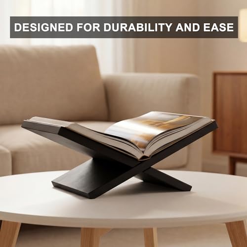 Wooden Book Stand for Reading, Large Open Book Holder for Desk, Solid Wood Book Display Stand for Bible, Cookbook, Quran. (Black)