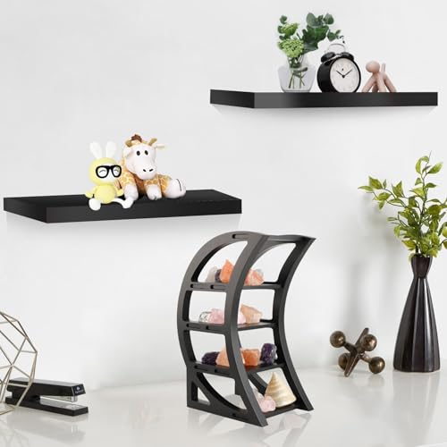 Wooden Crescent Moon Shelf Crystal Shelf Holder with 15.7" Floating Shelves Set of 2 for Wall Mounted in Bathroom Bedroom Toilet Kitchen Living Room Office - color: Black With 2 Pcs Wall Shelves