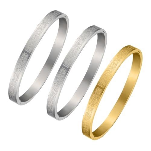 AYATUL KURSI Islamic Jewelry Bracelets Stainless Steel Openable Bangles Arabic Calligraphy Islamic Faith Gifts Messager Islamic Calligraphy Muslim Men Jewelry Bracelets Gift for Women - color: 2 Steel color 1 Gold