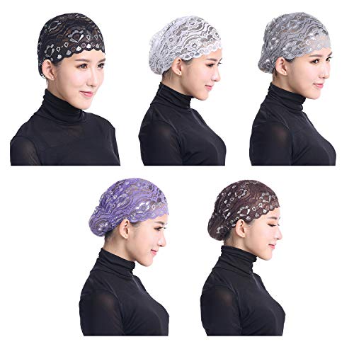 Vpang 5 Pack Womens Muslim Inner Hijab Caps Shiny Lace Head Cover Stretch Beanie Turban Hat Chemo Cap Headwrap Cover - color: Set 4