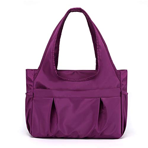 Tote Bag for Women Nylon Lightweight Large Handbag Purses Multi-pocket Shoulder Bag for Work Travel - color: Purple