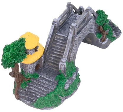 Aquarium Bridge Ornament with Stone Arch & Cottage, Resin, Gray Stone with Green Accents & Yellow Cottage Roof