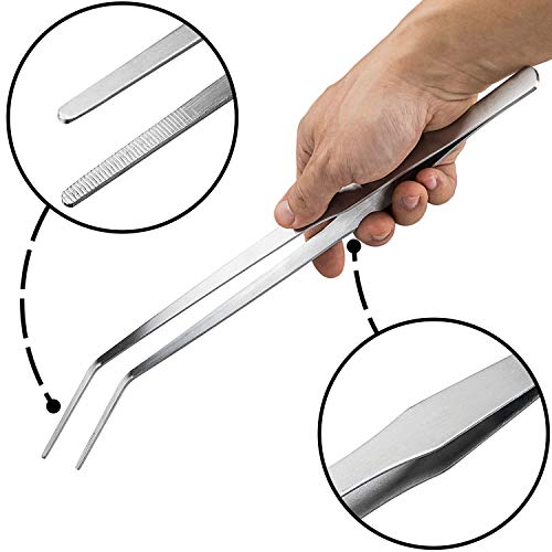 OIIKI 15 inch Curved Aquarium Tweezers, Polished Tongs Tweezers, Silver | Stainless Steel Long Tweezers with Precision Serrated Tips for Garden, Kitchen, Indoor & Outdoor - size: 15 inch Curved (1 PCS)