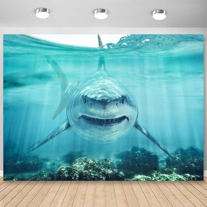 Shark Under The Sea Backdrop 7x5ft Fabric Underwater World Backdrops for Photography Ocean Coral Reef Shallows Aquarium Background Theme Party Decorations Banner Birthday Photo Studio Props - size: 7x5FT