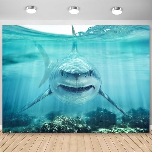 Shark Under The Sea Backdrop 10x7ft Fabric Underwater World Backdrops for Photography Ocean Coral Reef Shallows Aquarium Background Theme Party Decorations Banner Birthday Photo Studio Props - size: 10x7FT