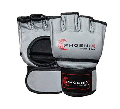 Flight MMA Fight Gloves, Leather Sparring Gloves for MMA & Grappling, Adjustable Wrist Band, Open Palms - color: Grey, size: Medium