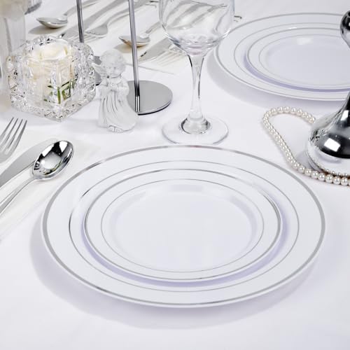 Supernal 102pcs White and Silver Plastic Plates Disaposable Party Plates White Silver Rim Heavy Duty Fancy Silver Plastic Dinnerware Set included 51 Dinner & Dessert Plates for Valentine's Day - color: 102pcs White and Silver Plastic Plates