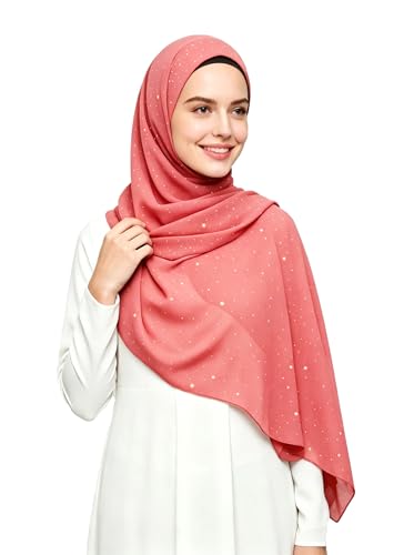 Lina & Lily Sparkle Shimmer Gold Glitter Women's Chiffon Hijab Head Scarf Shawl Wrap Lightweight - color: Coral