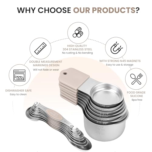Magnetic Measuring Cups and Spoons Set-Heavy Duty 304 Stainless Steel | Double Measurement Markings,BPA-Free,Set of 16 with Leveler for Measuring Dry and Liquid Ingredients(Khaki) - color: Khaki