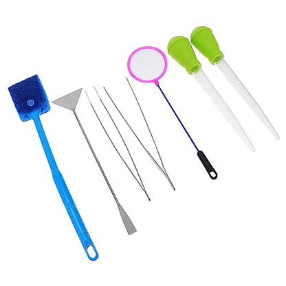 Aquarium Aquascaping Tool Kit 7 Pieces Net Brush Tweezers Scissors Plant Tool Safe for Fish Tank Cleaning Random Color