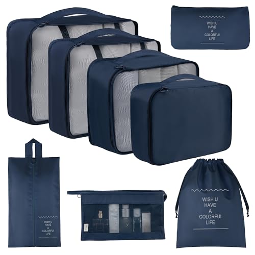 Vercord 8 Set Travel Packing Pods Luggage Organizers Cubes with Laundry Bags Accessories - color: Navyblue-8set